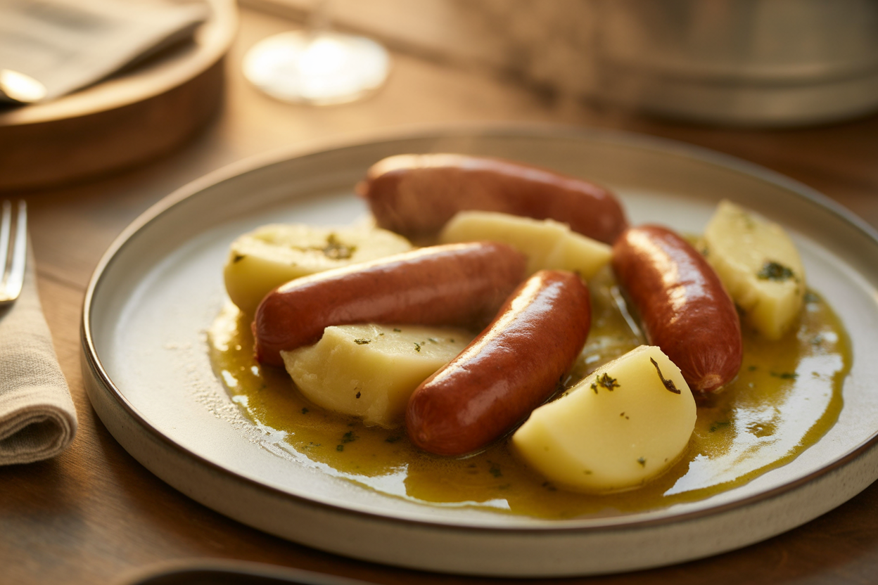 Andouillettes aux pommes de terre et vin blanc