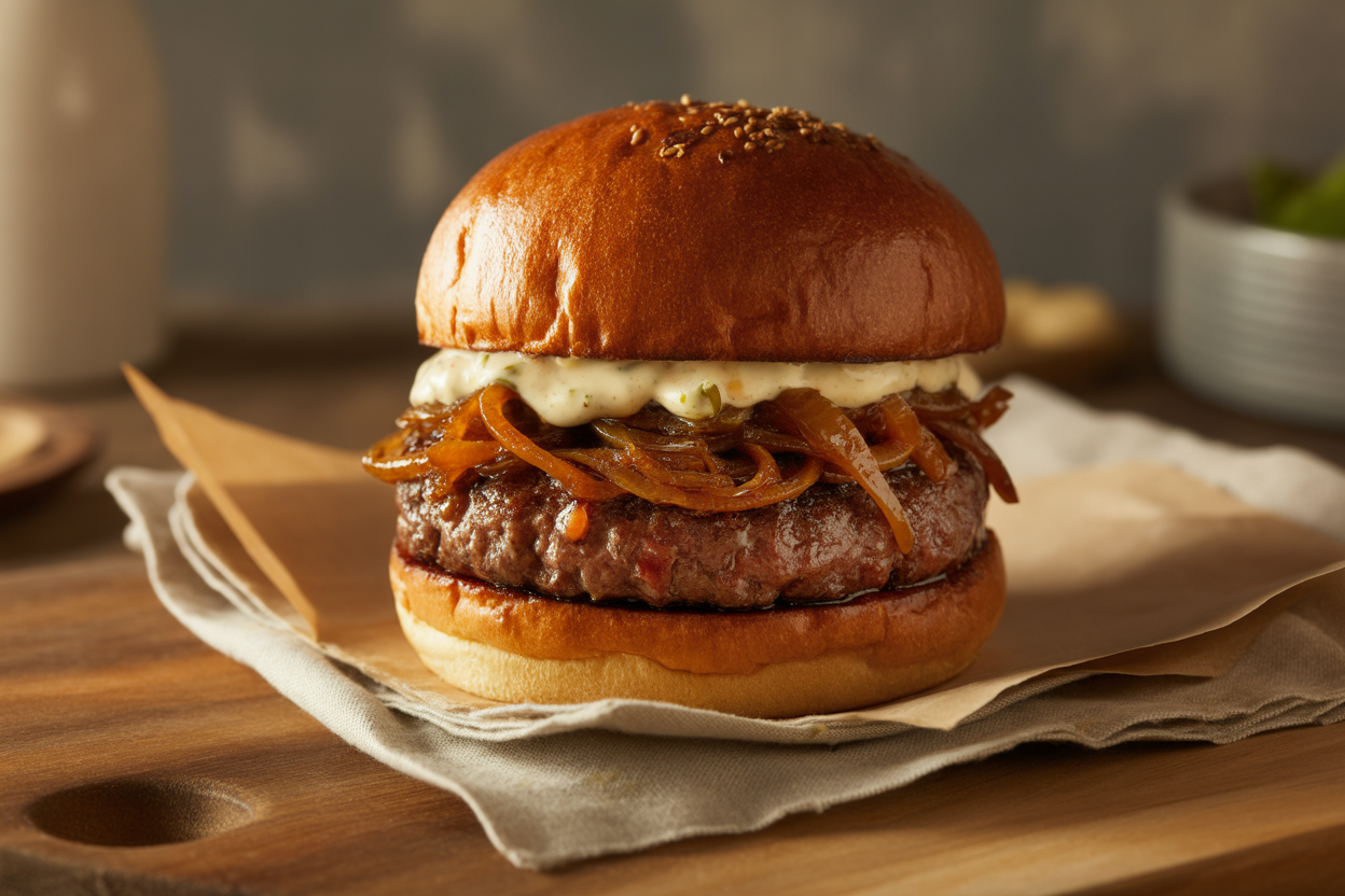 Burger aux oignons confits et sauce tartare