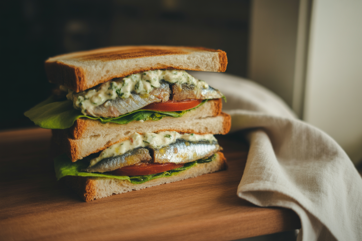 Club sandwich aux sardines marinées et tzatziki