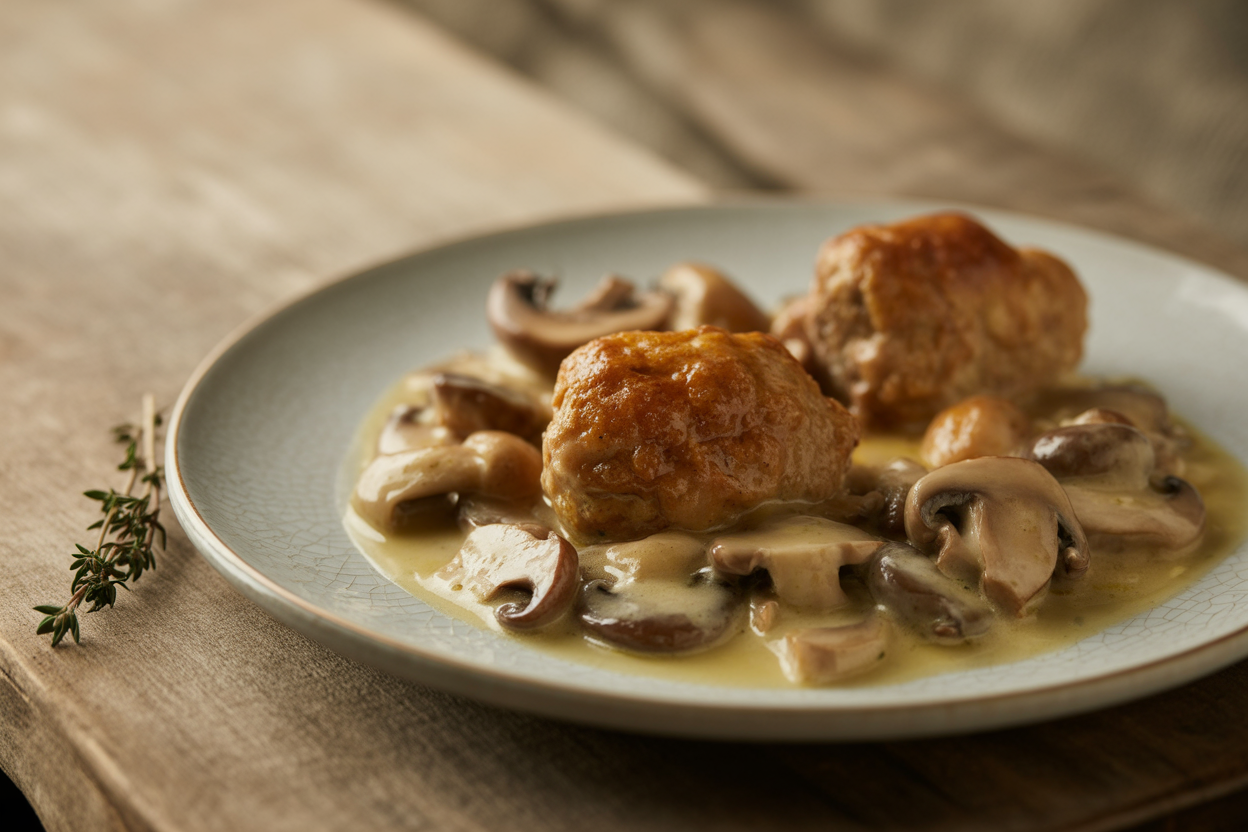 Crépinettes et champignons au vin blanc