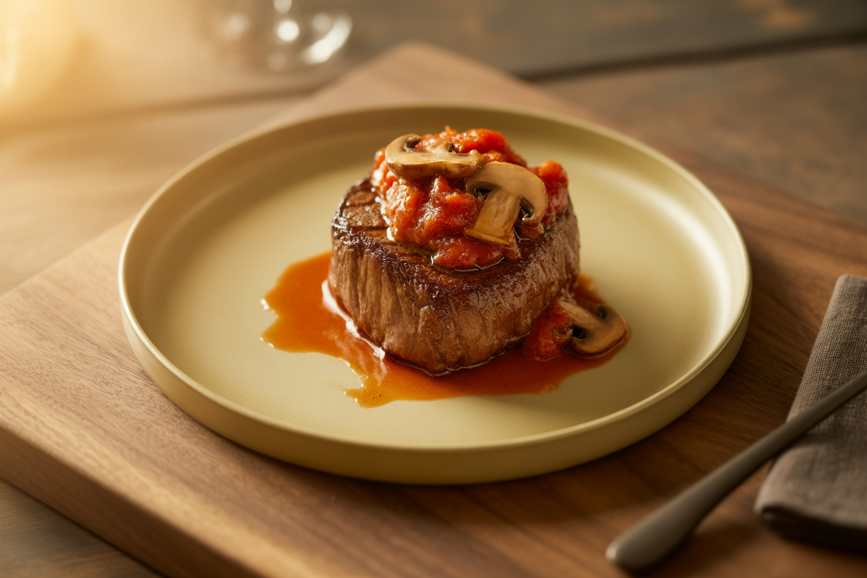 Filet mignon à la tomate et champignons