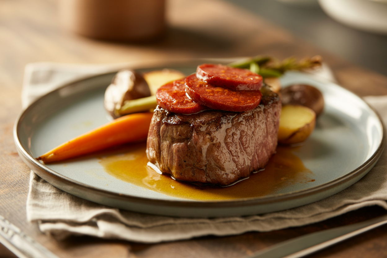 Filet mignon au chorizo et légumes