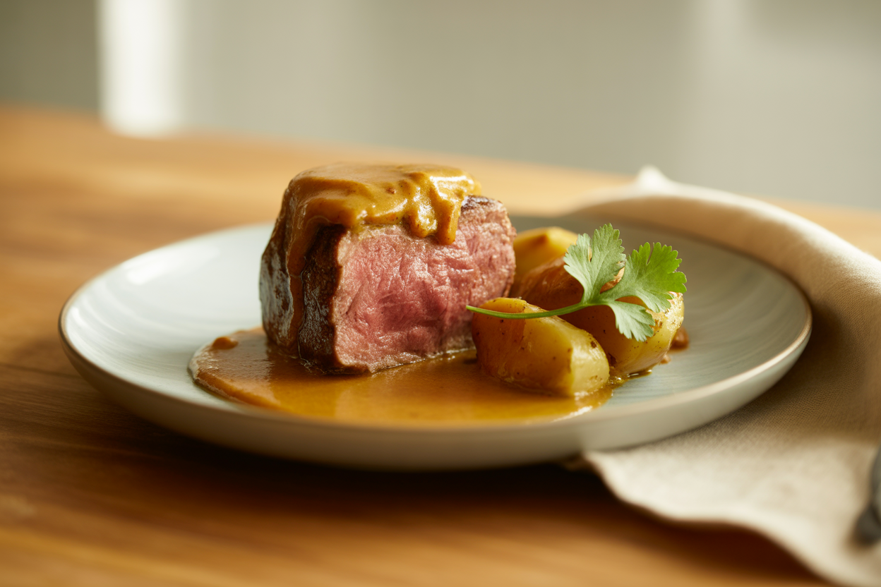 Filet mignon au curry et pommes de terre