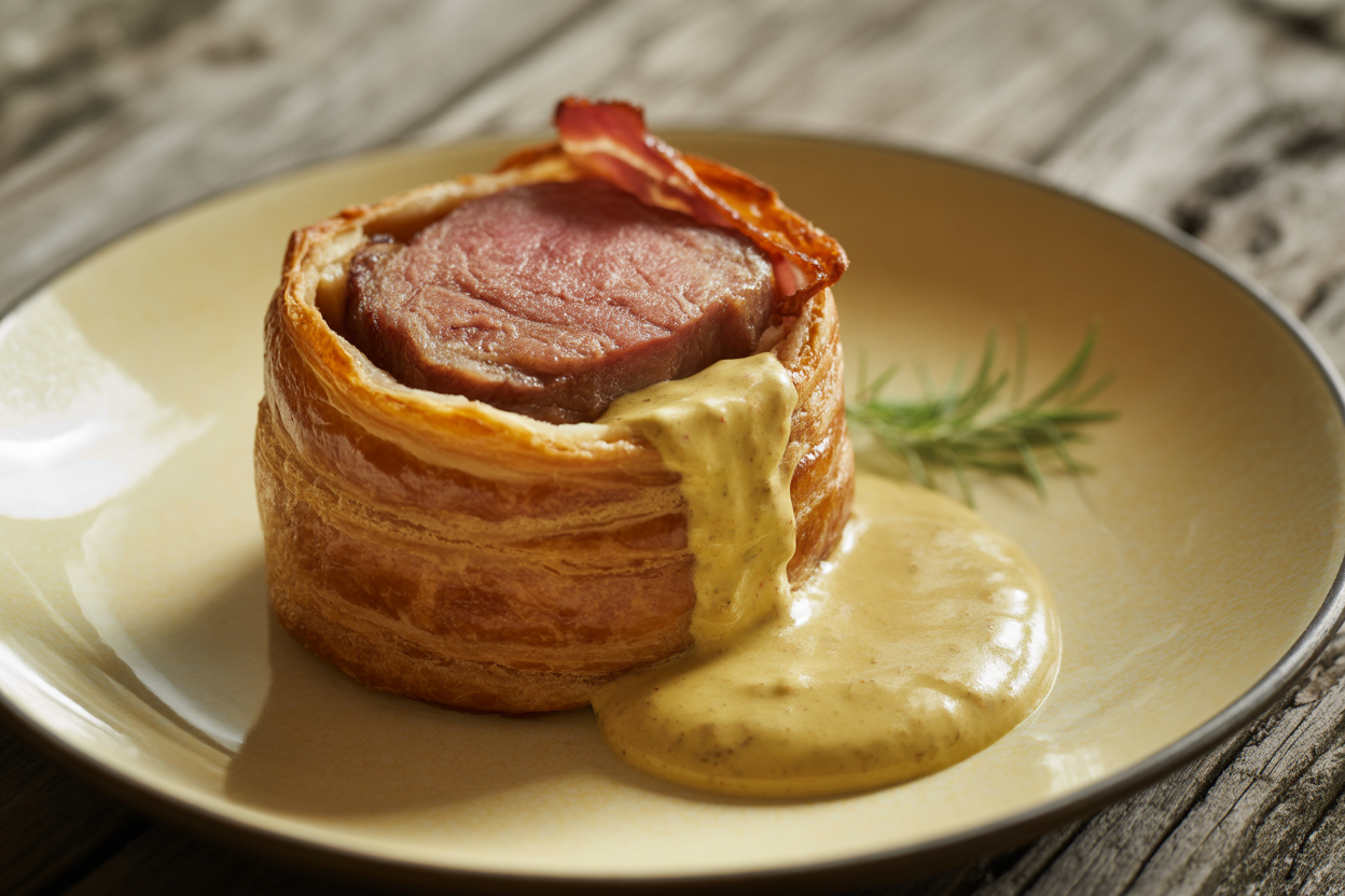 Filet mignon en croûte au lard et sa sauce moutarde
