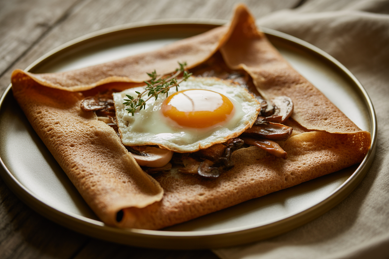 Galette de blé noir chèvre et champignons à l'œuf
