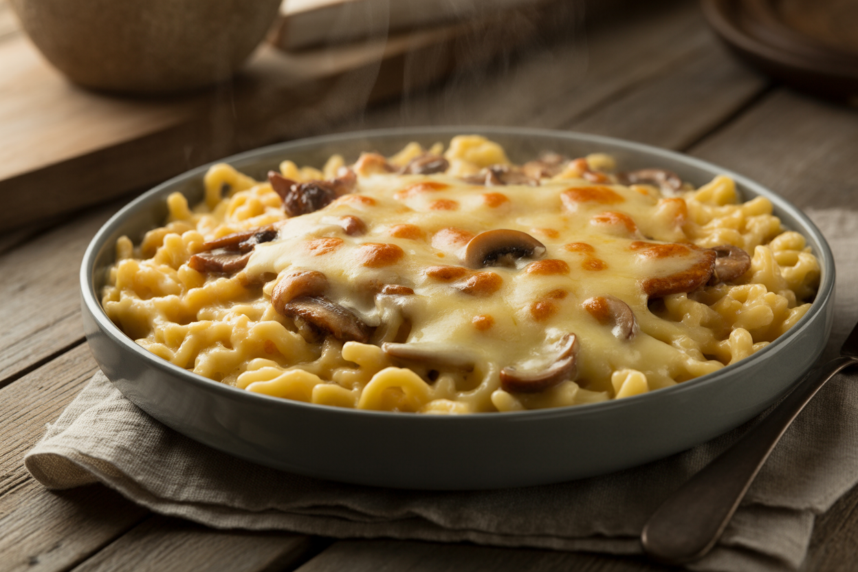 Gratin de spätzles aux champignons et lardons