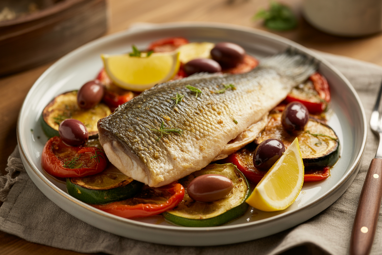 Loup de mer au four aux légumes et olives