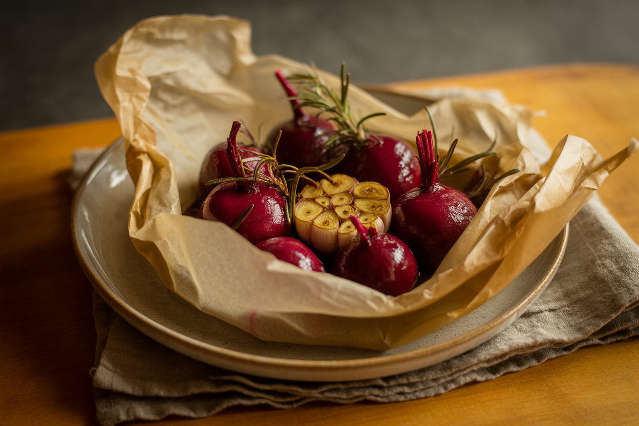 Papillotes de betteraves à l'ail et romarin