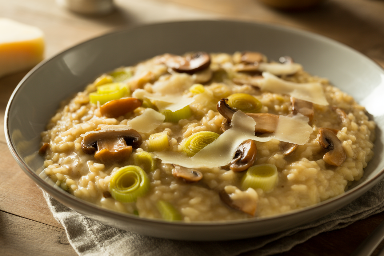Poêlée de riz aux poireaux, champignons et parmesan