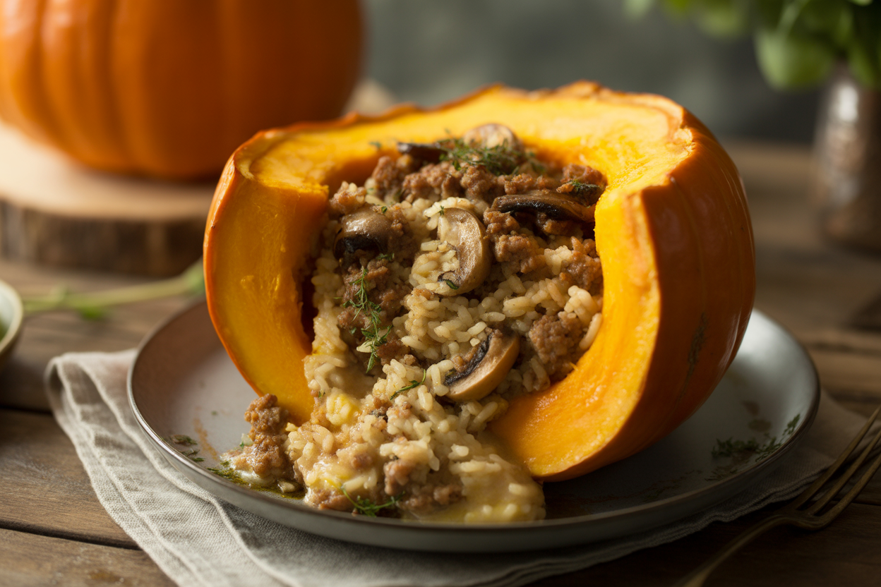 Potimarron farci à la viande, au riz et aux champignons