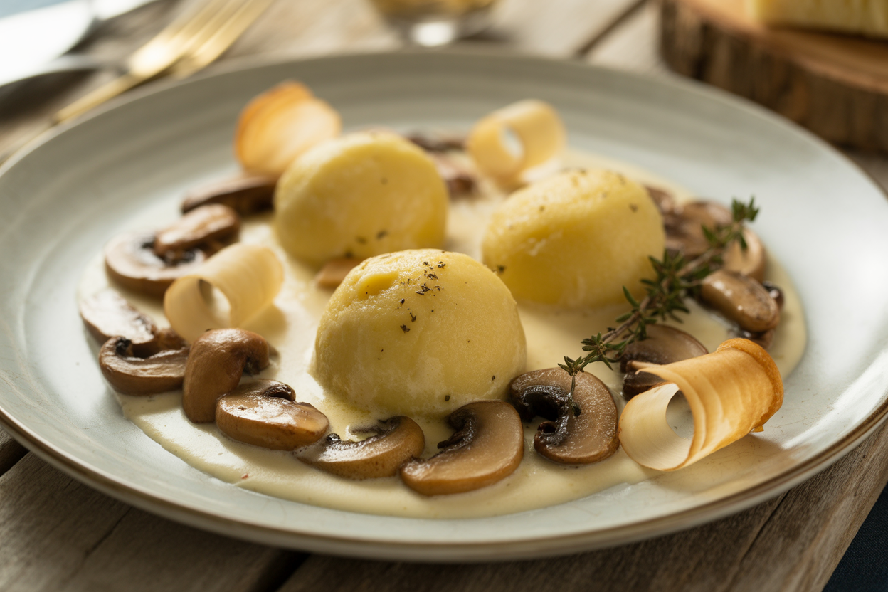 Quenelles à la crème, champignons et parmesan