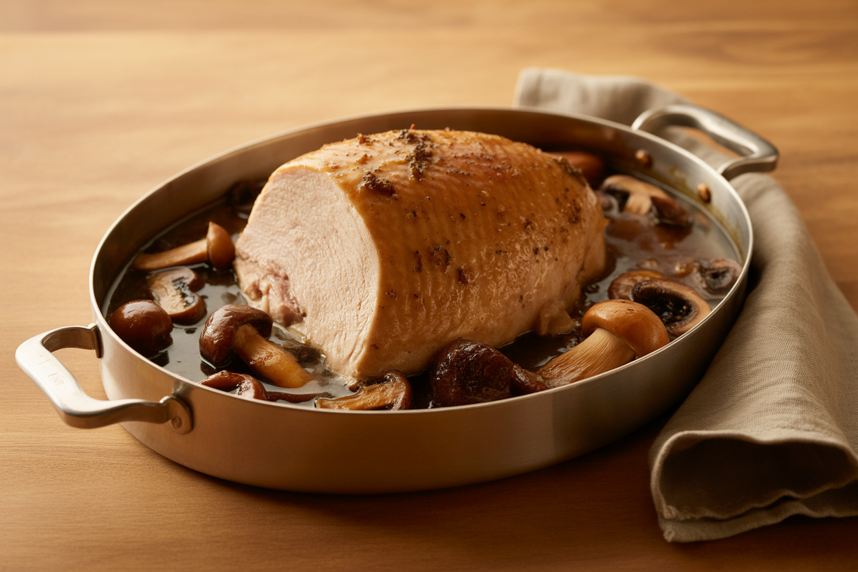 Rôti de dinde en cocotte au fond de veau et champignons