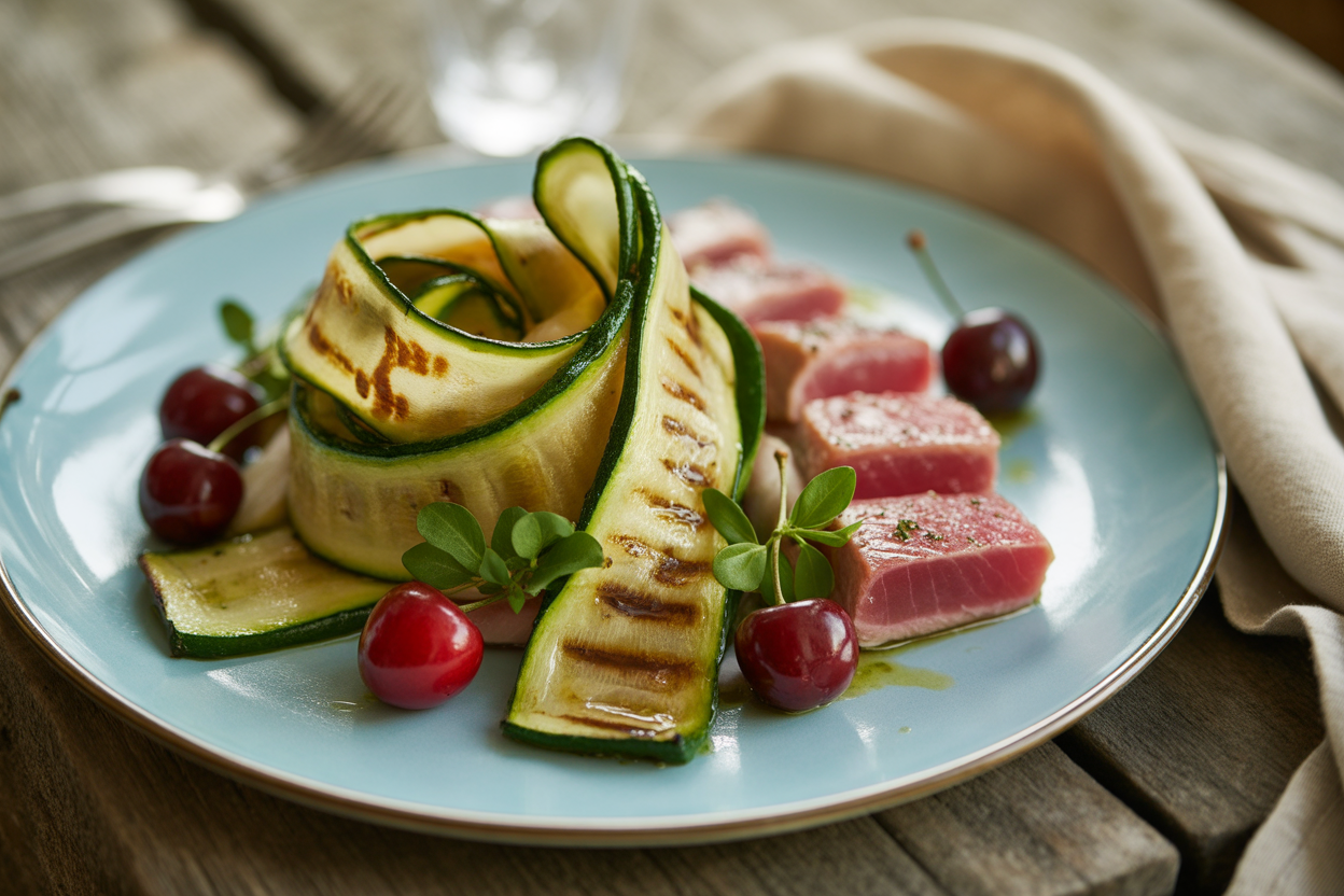 Salade de courgettes grillées, thon rouge et cerises
