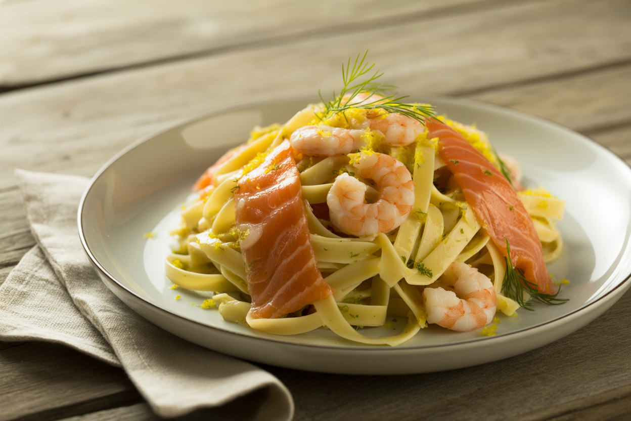 Salade de pâtes au saumon fumé et crevettes