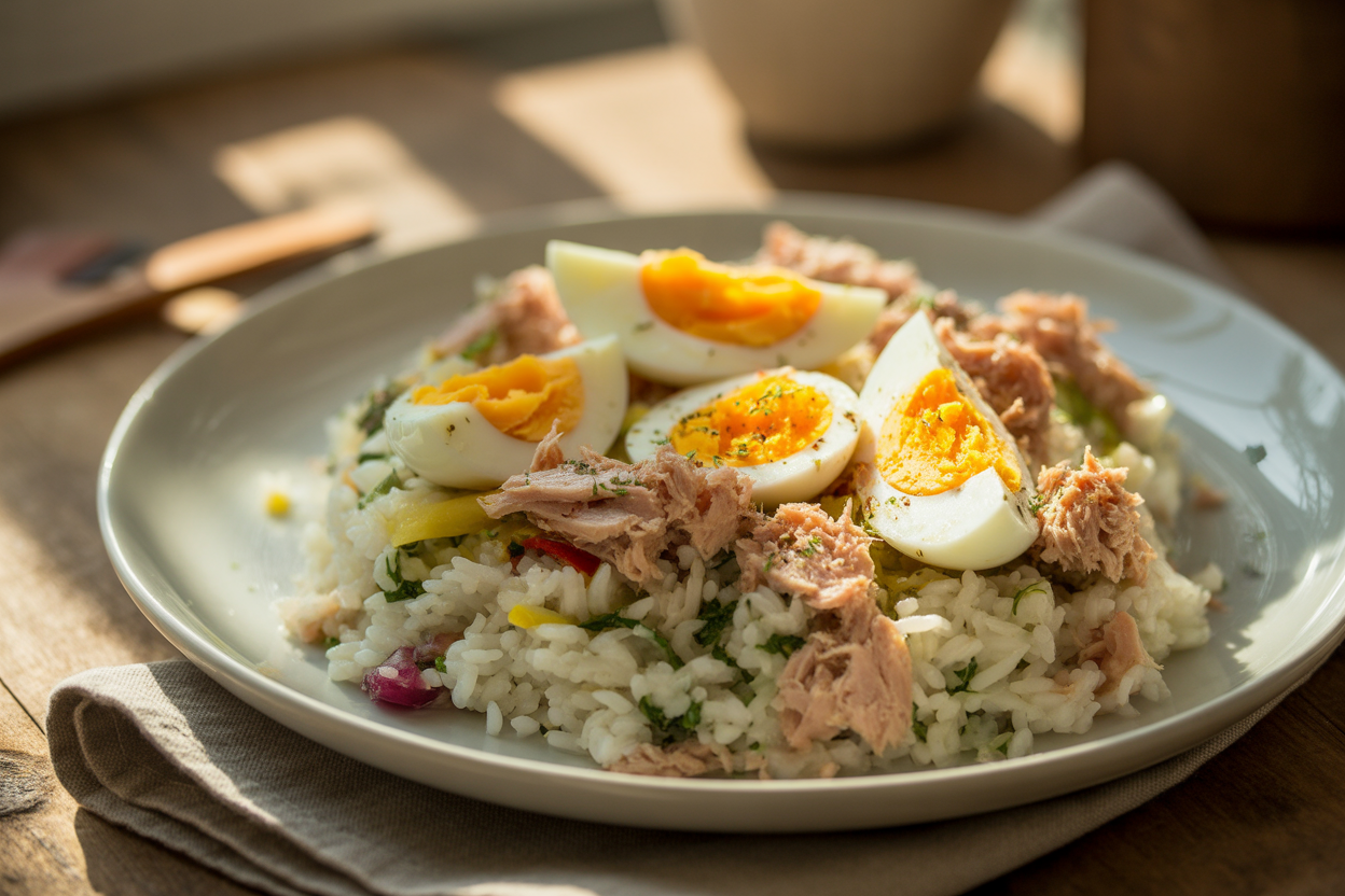 Salade de riz, thon et œuf