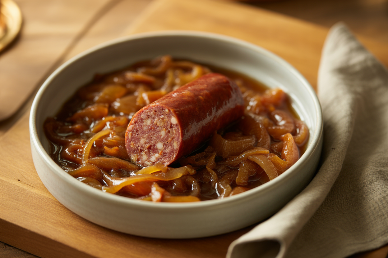 Saucisson à cuire et sa sauce aux oignons