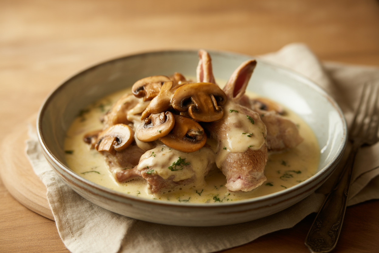 Sauté de lapin aux champignons et vin blanc