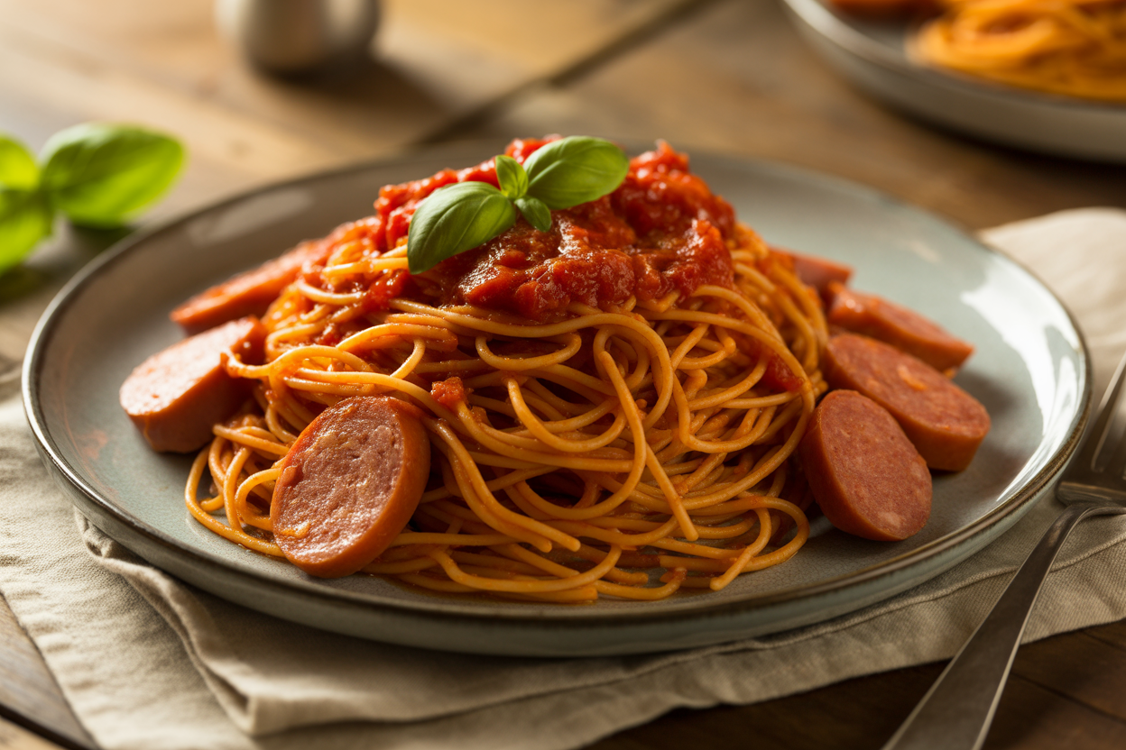 Spaghettis aux saucisses et sauce tomate