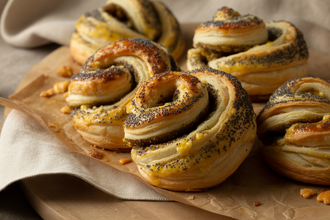 Torsades au parmesan, graines de pavot et moutarde